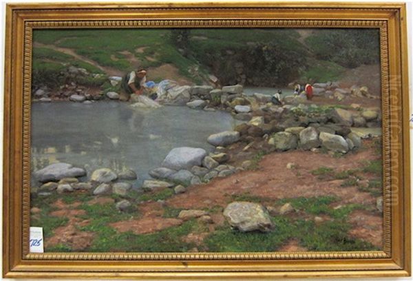 Four Italian Women Doing Laundry In River Pools Using Boulders As Wash Boards - view 1