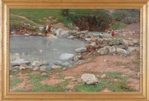 Italian Women Doing Laundry In Pools Amid Boulders by Mose Bianchi