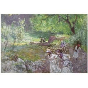 Girls With Fruit Baskets In A Landscape by Mose Bianchi