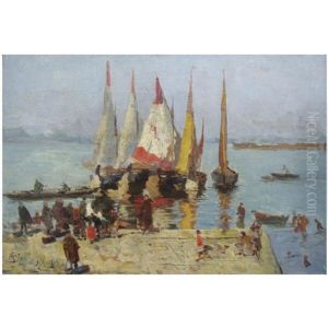 Sailing Boats On The Lagoon, Venice ( + Sketch Of A Venetian Carnical, Verso) by Mose Bianchi