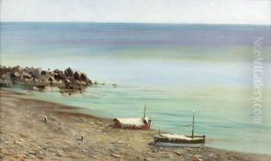 Sonnige Kustenpartie Mit Zwei Booten Auf Dem Strand by Mose Bianchi