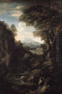 A Rocky River Landscape With A Shepherd And His Flock, A Castle Beyond