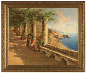 Veduta Di Amalfi, Napoli, Women Standing On A Walk Overlooking The Amalfi Coast by Victorio Bianchini