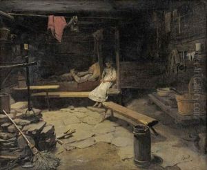 Petite Fille Veillant Un Malade Dans Un Interieur De Chalet