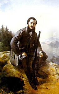 Portrait D'homme En Chasseur Dans Un Paysage De Rochers Pres D'un Lac