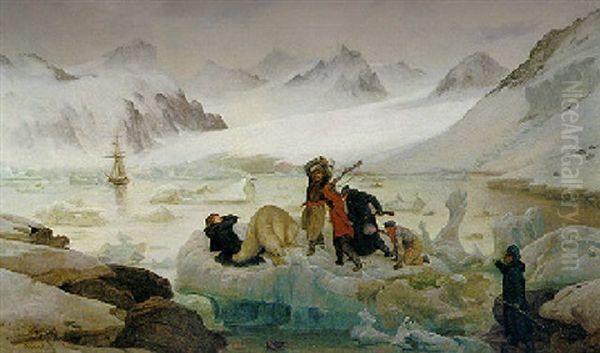 Explorers And Sailors Fighting With A Polar Bear In Magdalena-bay, Spitzberg, With "la Recherche" At Anchor Beyond - view 1