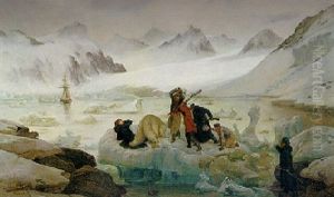 Explorers And Sailors Fighting With A Polar Bear In Magdalena-bay, Spitzberg, With "la Recherche" At Anchor Beyond by Francois Auguste Biard