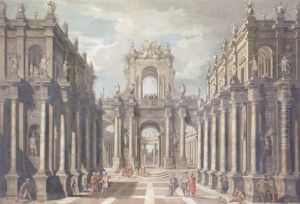 An Architectural Fantasy With Classical Figures Conversing And Contemporary Spectators Above by Ferdinando Galli Bibiena
