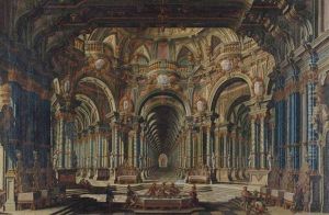 Capriccio Of A Palace Interior With Figures Banqueting, The Cornices Showing Scenes From Mythology by Francesco Galli Bibiena