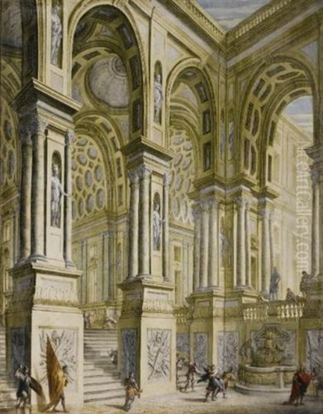 The Portico And Staircase Of A Palace With Soldiers And A Woman Being Carried Off On Horseback; An Imaginary View Of A Palace With A Horseman And Angels (pair) - view 1