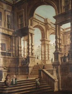 A Capriccio Of A Baroque Palace With Numerous Figures On The Steps And Terraces by Giuseppe Galli Bibiena