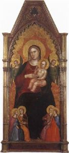 Madone Et L'enfant En Trone Entre Deux Anges, Avec, A Ses Pieds, Quatre Anges Musiciens
