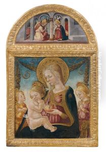 La Vierge A L'enfant Entoures D'anges, Somme D'un Fronton Contenant L'annonciation by Neri di Bicci