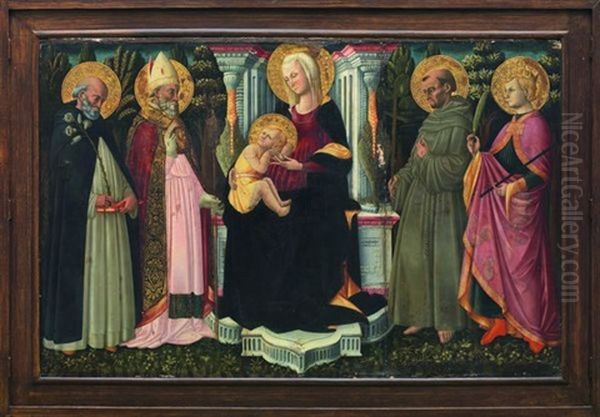 La Vierge A L'enfant Sur Un Trone Entoure Des Saint Dominique Et Saint Zenobe A Gauche, Saint Francois D'assise Et Saint Miniato A Droite - view 1