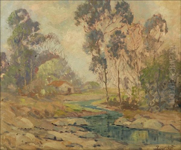 Eucalyptus Landscape With House Near River - view 1