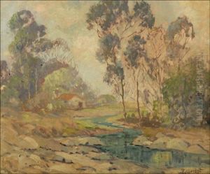 Eucalyptus Landscape With House Near River by George Sanders Bickerstaff