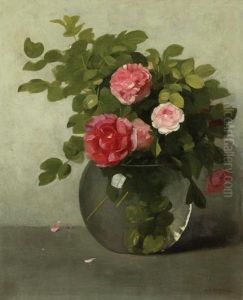 Pink Roses In A Glass Vase by Albion Harris Bicknell