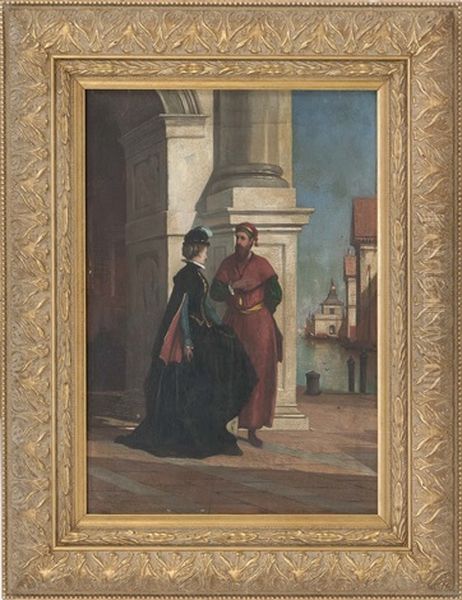 Continental Scene Of A Man And Woman In Conversation Near A Harbor - view 1