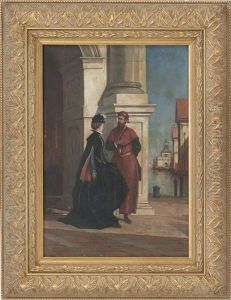 Continental Scene Of A Man And Woman In Conversation Near A Harbor by Albion Harris Bicknell