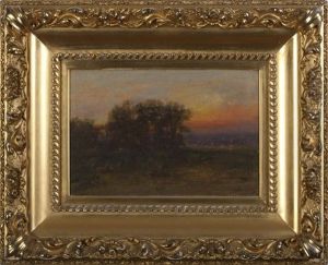 Landscape With Thicket Of Trees At Sunset