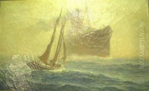 Marine Painting Of A Small Sailboat With The Prow Of A Large Ocean Liner Approaching In The Background Marine Painting Of A Small Sailboat With The Prow Of A Large Ocean Liner Approaching In The Background