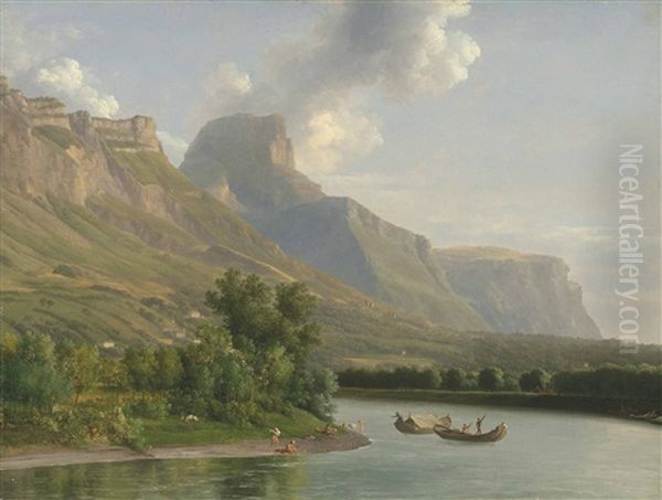An Alpine Landscape With Figures Bathing And Fishermen In Their Boats Nearby - view 1