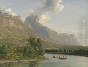 An Alpine Landscape With Figures Bathing And Fishermen In Their Boats Nearby