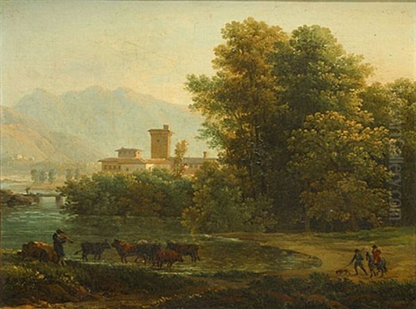 Landschap Met Rivier Met Op De Voorgrond Een Kudde Dieren - view 1