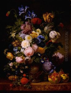 Still Life With Tulips, Carnations, Roses, Irises, Narcissi And Various Other Flowers In A Silver Vase Together With Figs, Grapes And Pomegranates On A Marble Ledge