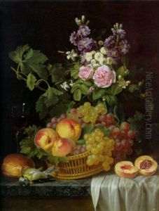 Roses, Stocks, Jasmine And Other Flowers In A Vase, With Peaches And Grapes In A Basket And A Gass Of Wine On A Ledge by Jean Pierre Xavier Bidauld
