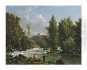 A Wooded River Landscape With A Fisherman And Bathers