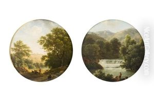 Paysage D"italie Dans Un Ovale Peint (+ Paysage De La Cascade D"isola Di Sora Dans Un Ovale Peint; Pair)