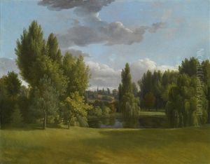 Landscape With Trees Surrounding A Small Pond And Clouds Above by Jean Joseph Xavier Bidault