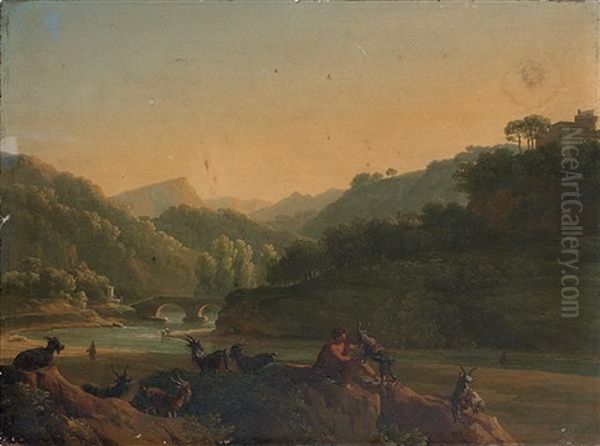 Berger Et Son Troupeau Dans Un Paysage Italien - view 1