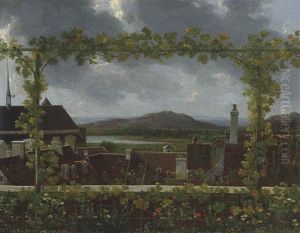 A Grapevine On A Flowering Trellis Framing A Town In An Extensive River Landscape, Possibly Near Lake Geneva