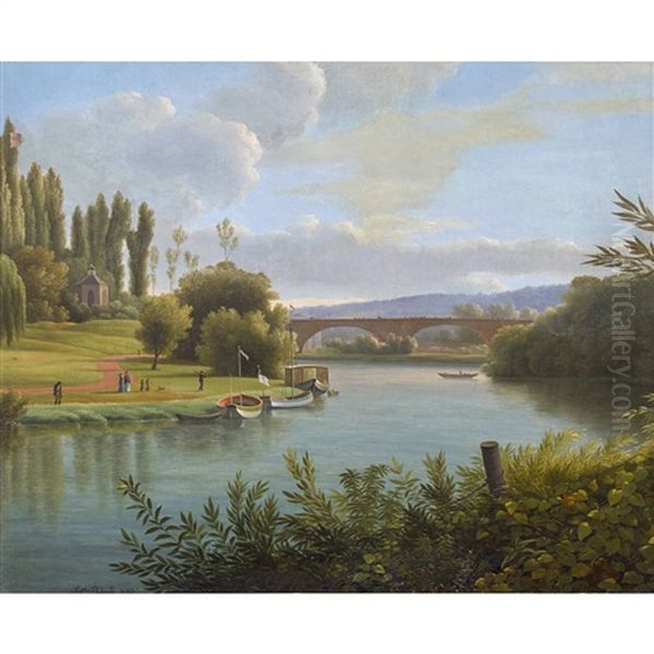 Sommerliche Flusspartie Mit Spaziergangern Und Brucke - view 1