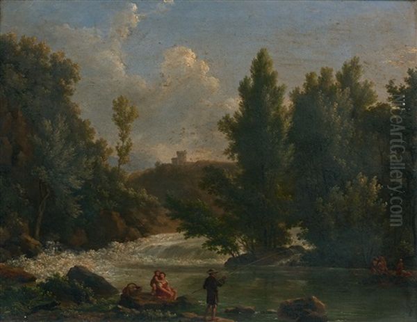Paysage De Riviere Anime D'un Pecheur Et De Baigneuses - view 1