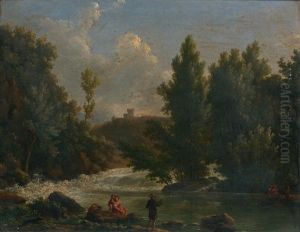 Paysage De Riviere Anime D'un Pecheur Et De Baigneuses