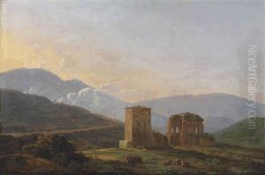 An Italianate Landscape With Herdsmen And Their Cattle Resting By A Tower And A Ruin, A Village On The Hills Beyond
