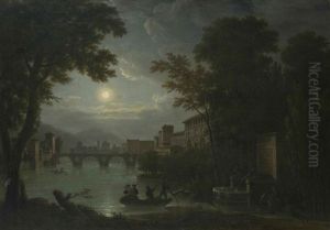 Vue Fantaisiste D'une Ville Italienne Au Clair De Lune by Jean Joseph Xavier Bidault