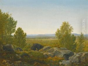 A Rocky Outcrop With Deer, An Extensive Landscape Beyond by Jean Joseph Xavier Bidault