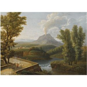 A Landscape With Figures Herding Their Sheep Along The Path With Mount Vesuvius Erupting In The Background by Jean Joseph Xavier Bidault