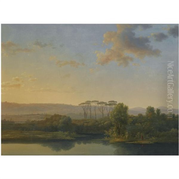 An Italianate River Landscape At Sunset - view 1