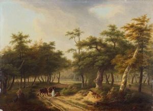 Sous-bois Anime De Promeneurs Et De Cavaliers by Jean Joseph Xavier Bidault