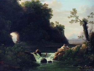 Paysage De Riviere Avec Un Couple De Baigneurs Surpris Par Un Lion by Jean Joseph Xavier Bidault