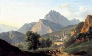 Paysage De Montage Avec Un Berger Et Son Troupeau Pres D'un Village