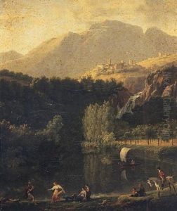 Paysage Italien Anime De Personnages Au Bord D'un Lac by Jean Joseph Xavier Bidault
