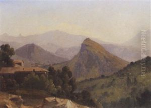 An Italianate Landscape With A Farmhouse, Mountains Beyond by Jean Joseph Xavier Bidault