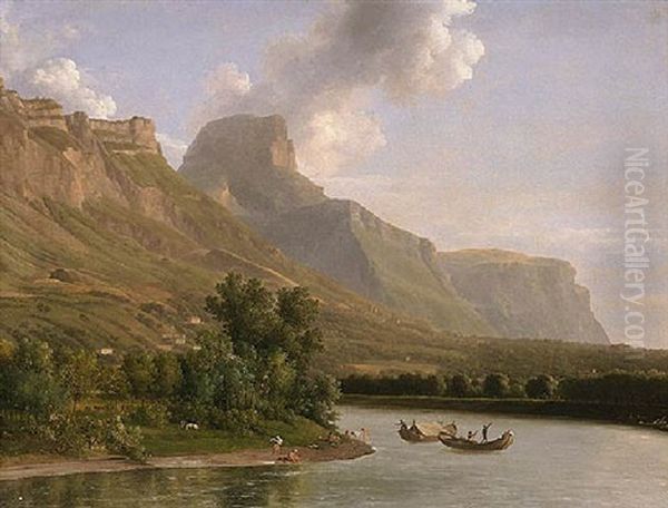 An Alpine Landscape With Figures Bathing And Fishermen In Their Boats Nearby - view 1