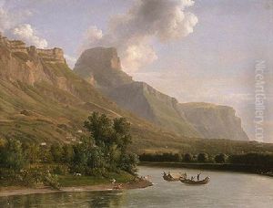 An Alpine Landscape With Figures Bathing And Fishermen In Their Boats Nearby